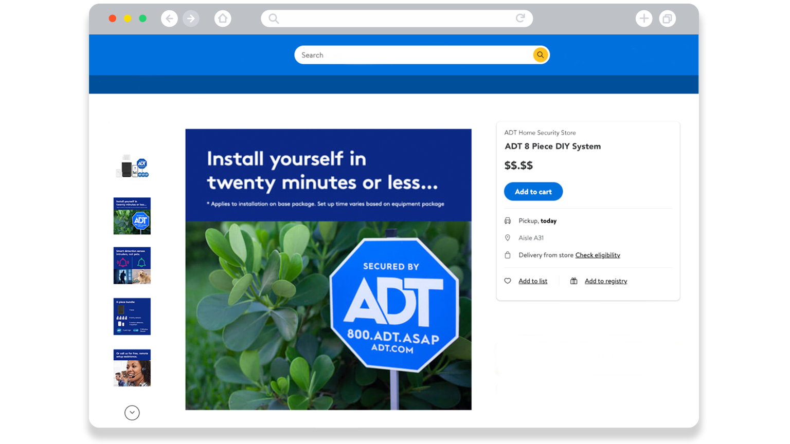 Sample ecommerce page for ADT security