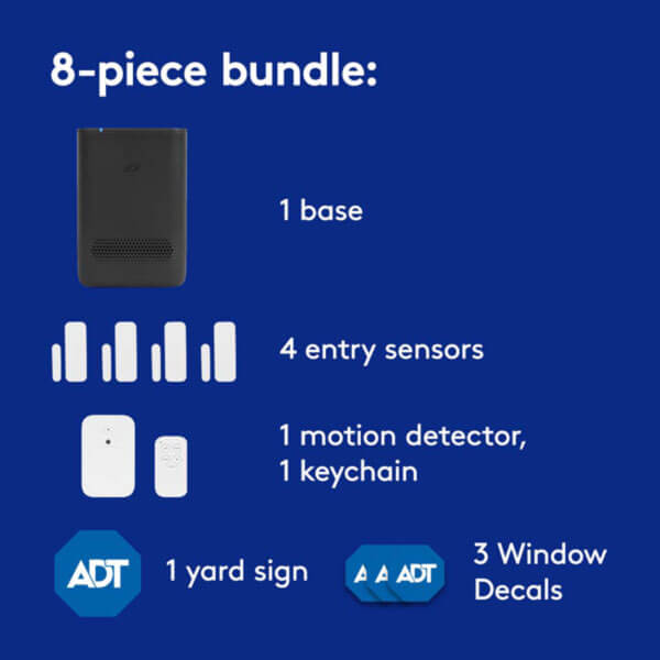 Ecommerce image of components in 8-piece ADT security bundle